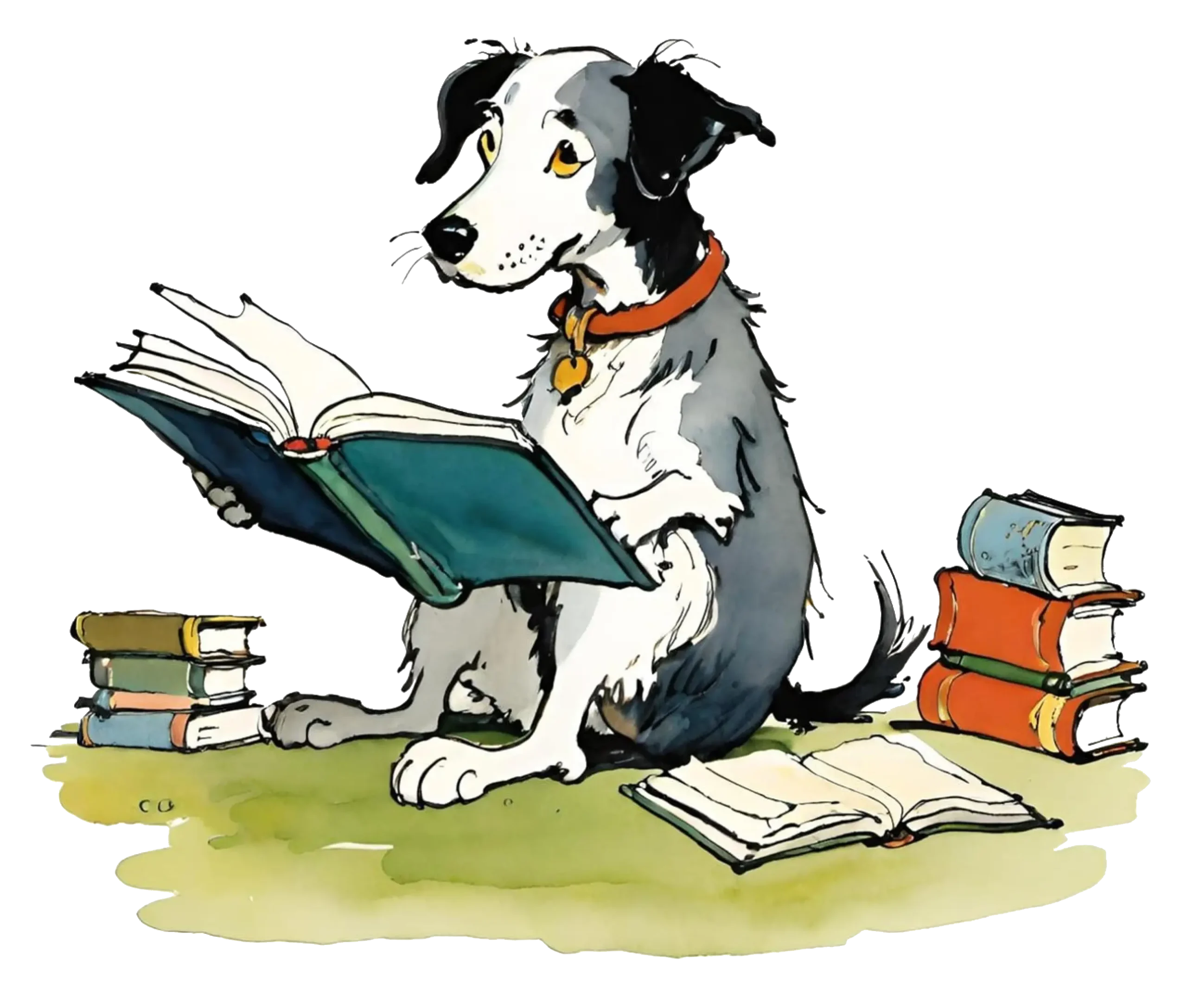 Illustration of a dog reading books